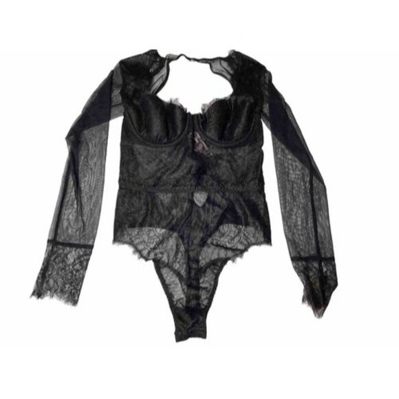 Victoria Secret Black Lingerie One Piece Long Sleeve Body Suit Lace 34b / 170 - Picture 1 of 9